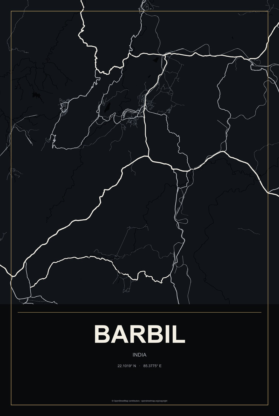 Barbil, India City Map Aluminum Sign in Metropolitan Noir style