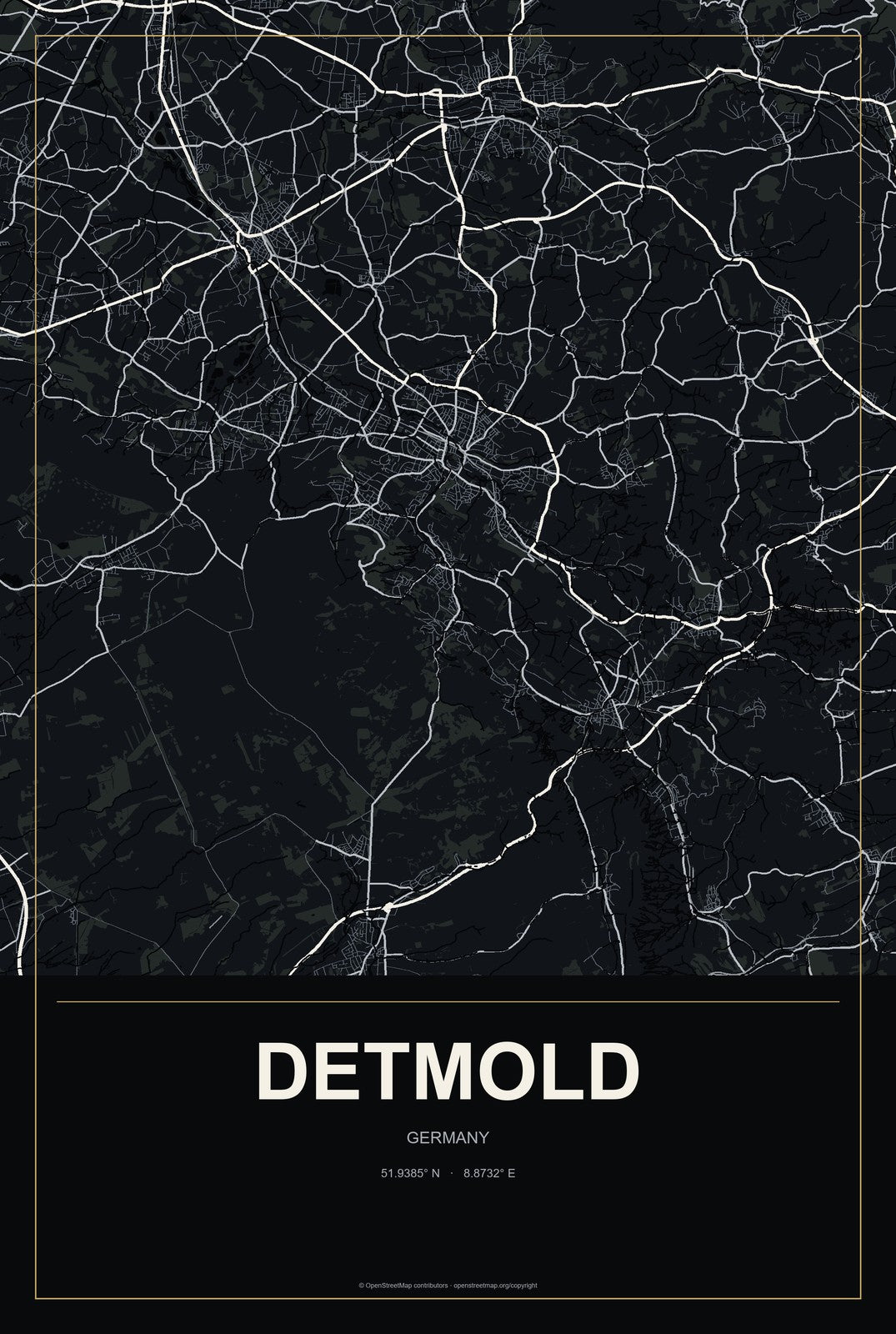 Detmold, Germany City Map Aluminum Sign in Metropolitan Noir style