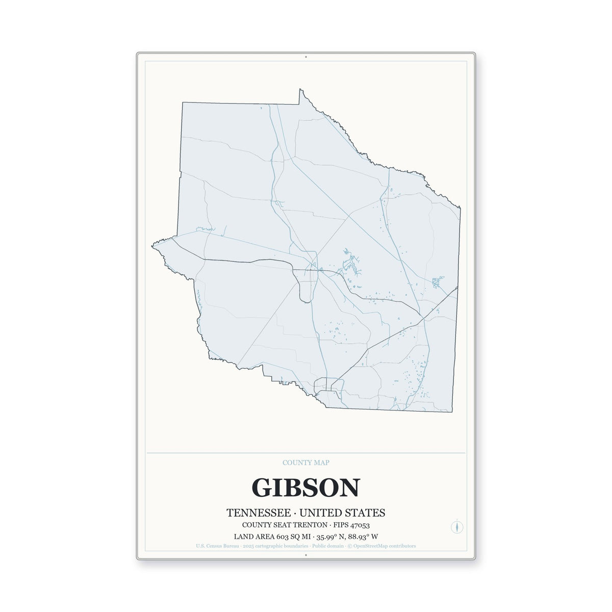 Gibson County, Tennessee Map Aluminum Sign in Gallery Air style