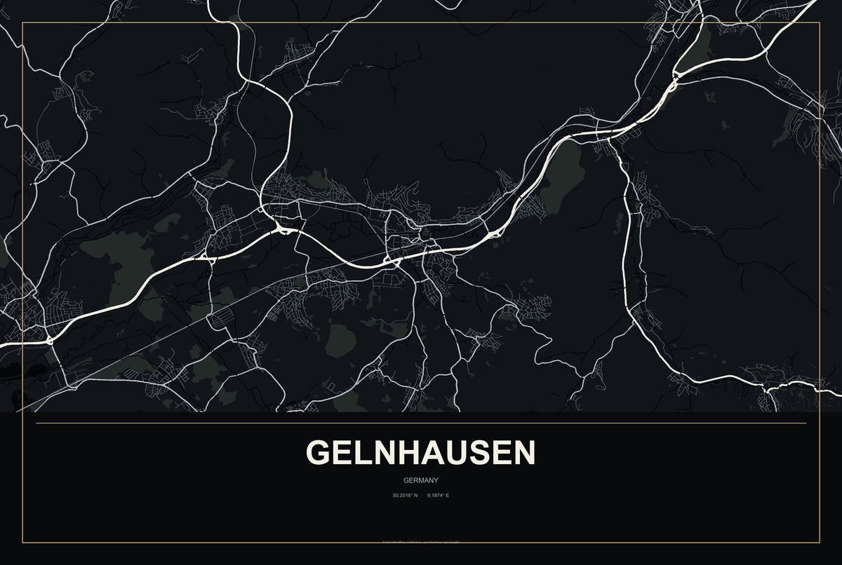 Gelnhausen, Germany City Map Aluminum Sign in Metropolitan Noir style
