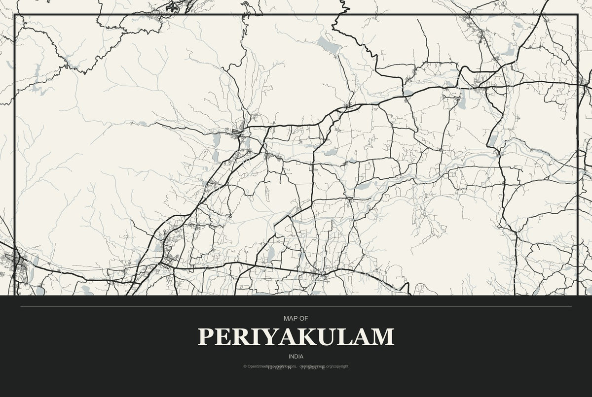 Periyakulam, India City Map Aluminum Sign in Museum Plaque style
