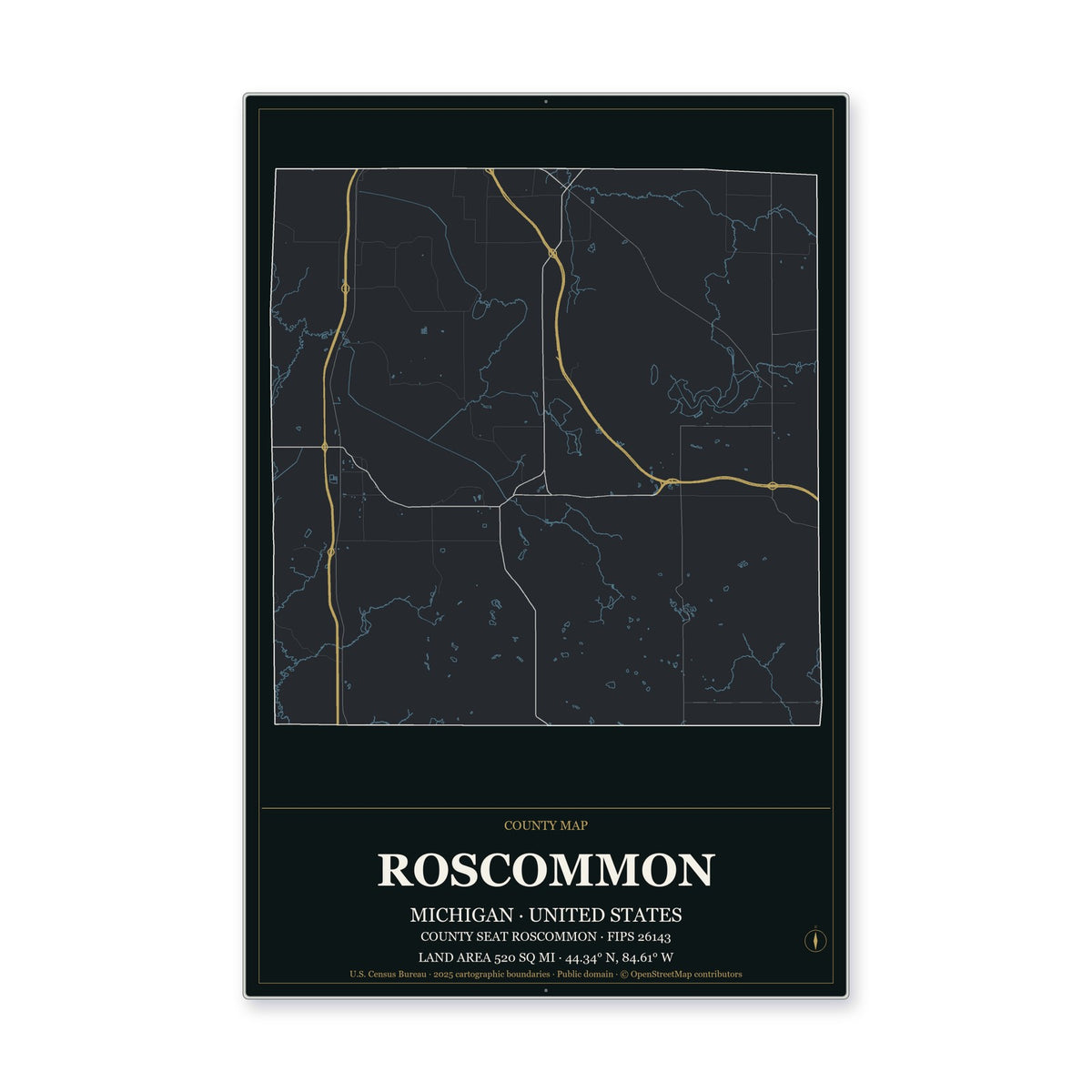 Roscommon County, Michigan Map Aluminum Sign in Metropolitan Noir style