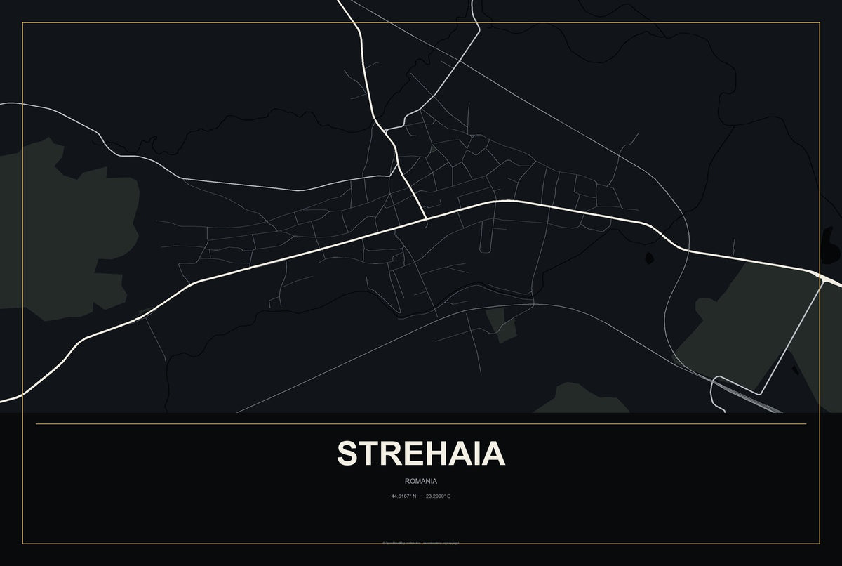 Strehaia, Romania City Map Aluminum Sign in Metropolitan Noir style
