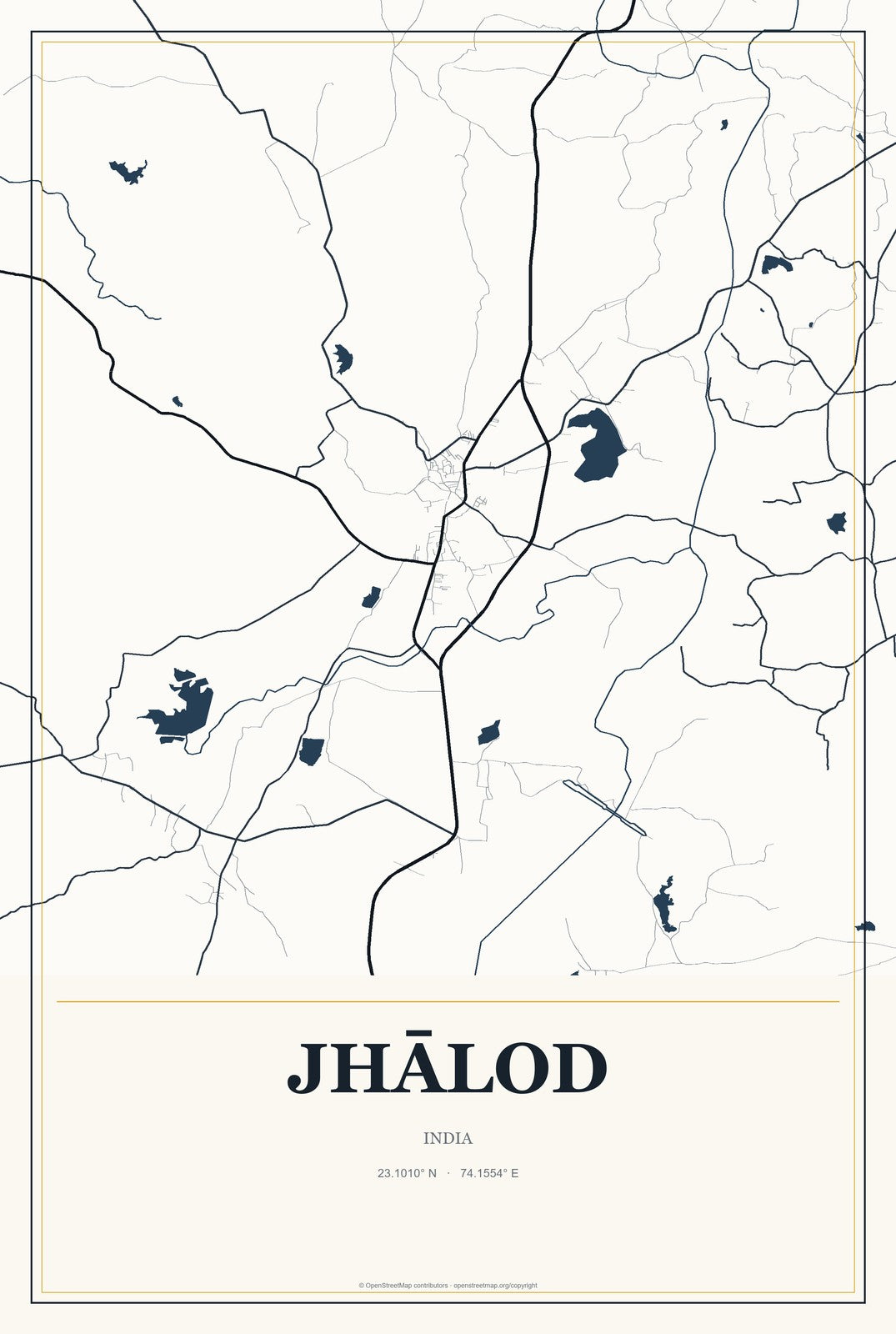 Jhālod, India City Map Aluminum Sign in Citrine Modern style