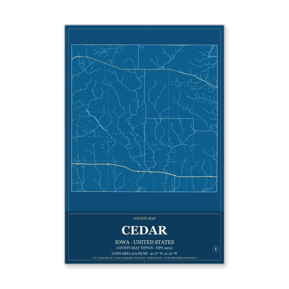 Cedar County, Iowa Map Aluminum Sign in Harbor Cobalt style
