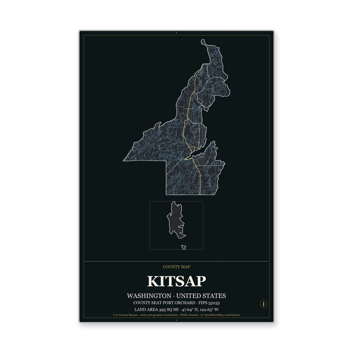 Kitsap County, Washington Map Aluminum Sign in Metropolitan Noir style