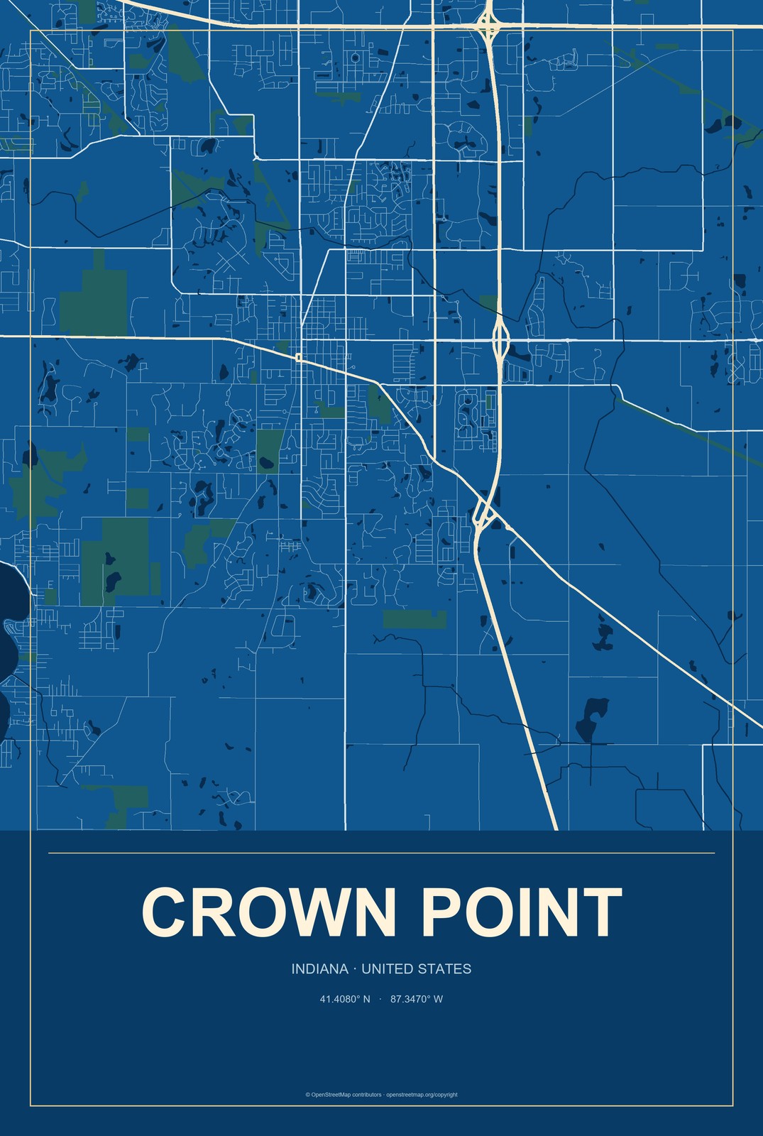 Crown Point, Indiana City Map Aluminum Sign in Harbor Cobalt style