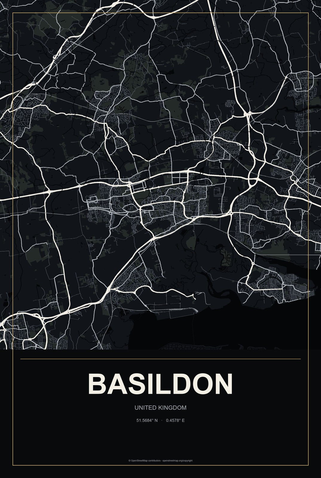 Basildon, United Kingdom City Map Aluminum Sign in Metropolitan Noir style