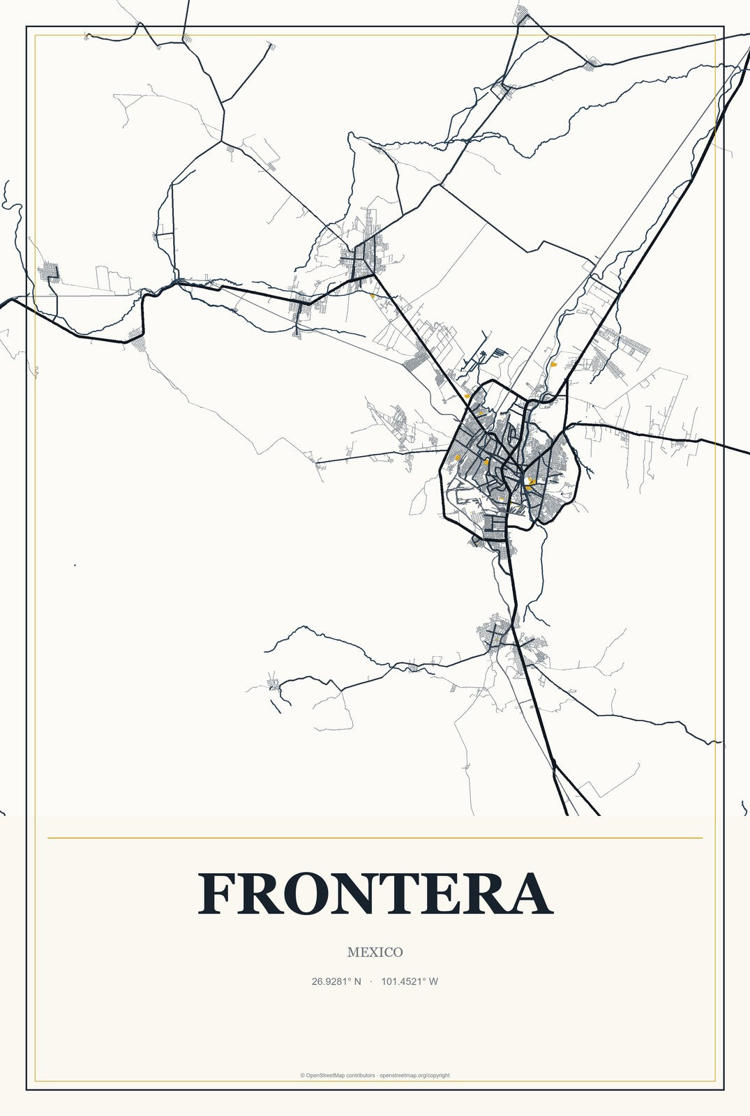 Frontera, Tabasco, Mexico City Map Aluminum Sign in Citrine Modern style