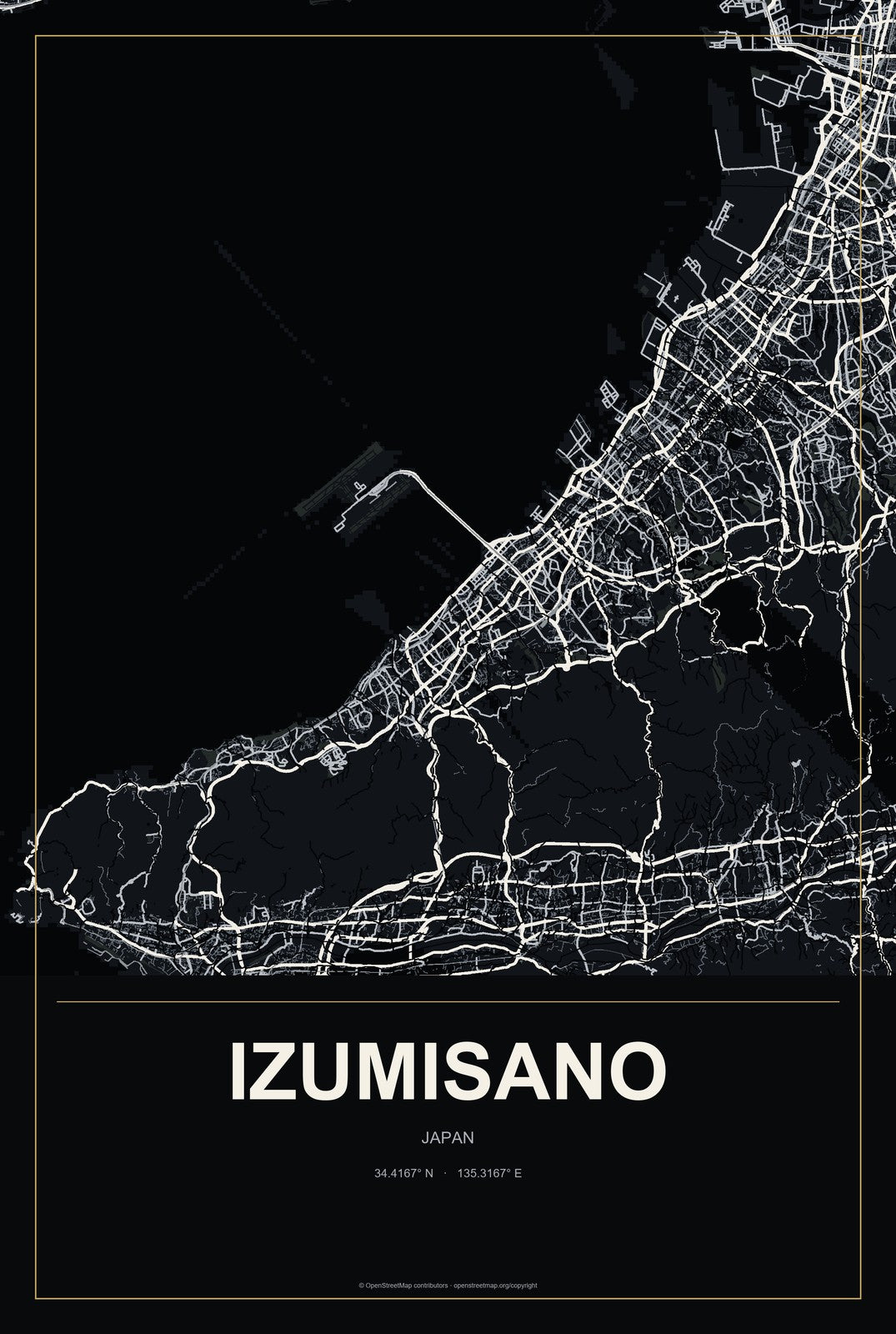 Izumisano, Japan City Map Aluminum Sign in Metropolitan Noir style