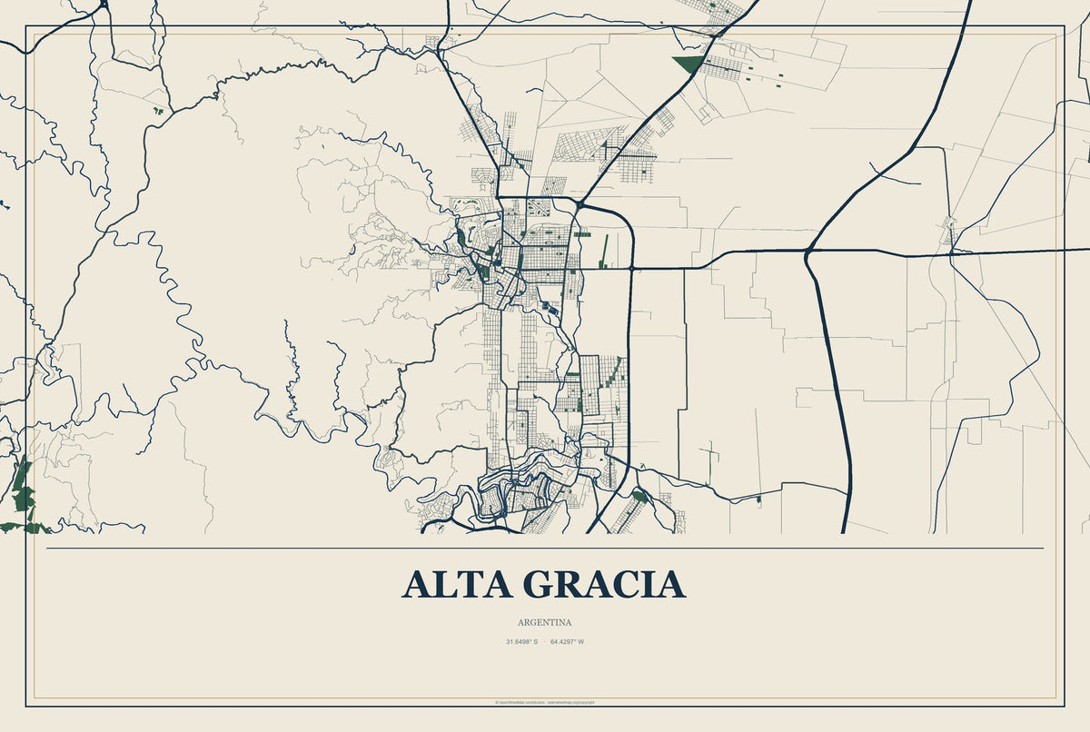 Alta Gracia, Argentina City Map Aluminum Sign in Coastal Cutout style