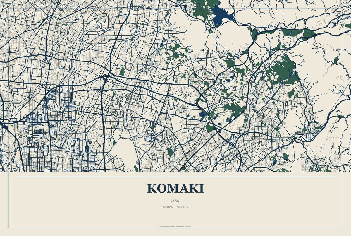 Komaki, Japan City Map Aluminum Sign in Coastal Cutout style