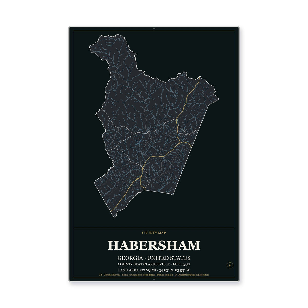 Habersham County, Georgia Map Aluminum Sign in Metropolitan Noir style