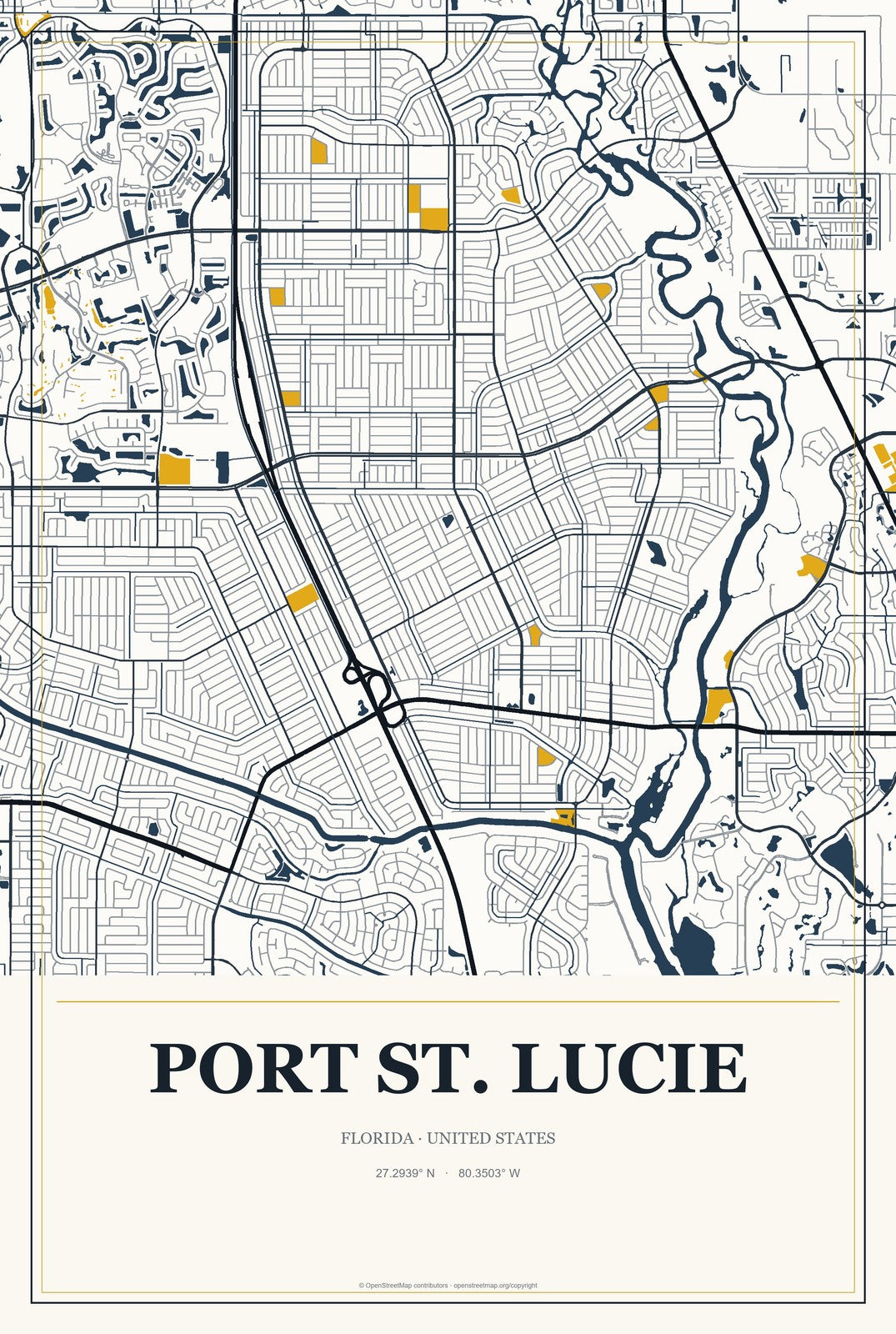 Port St. Lucie, Florida City Map Aluminum Sign in Citrine Modern style