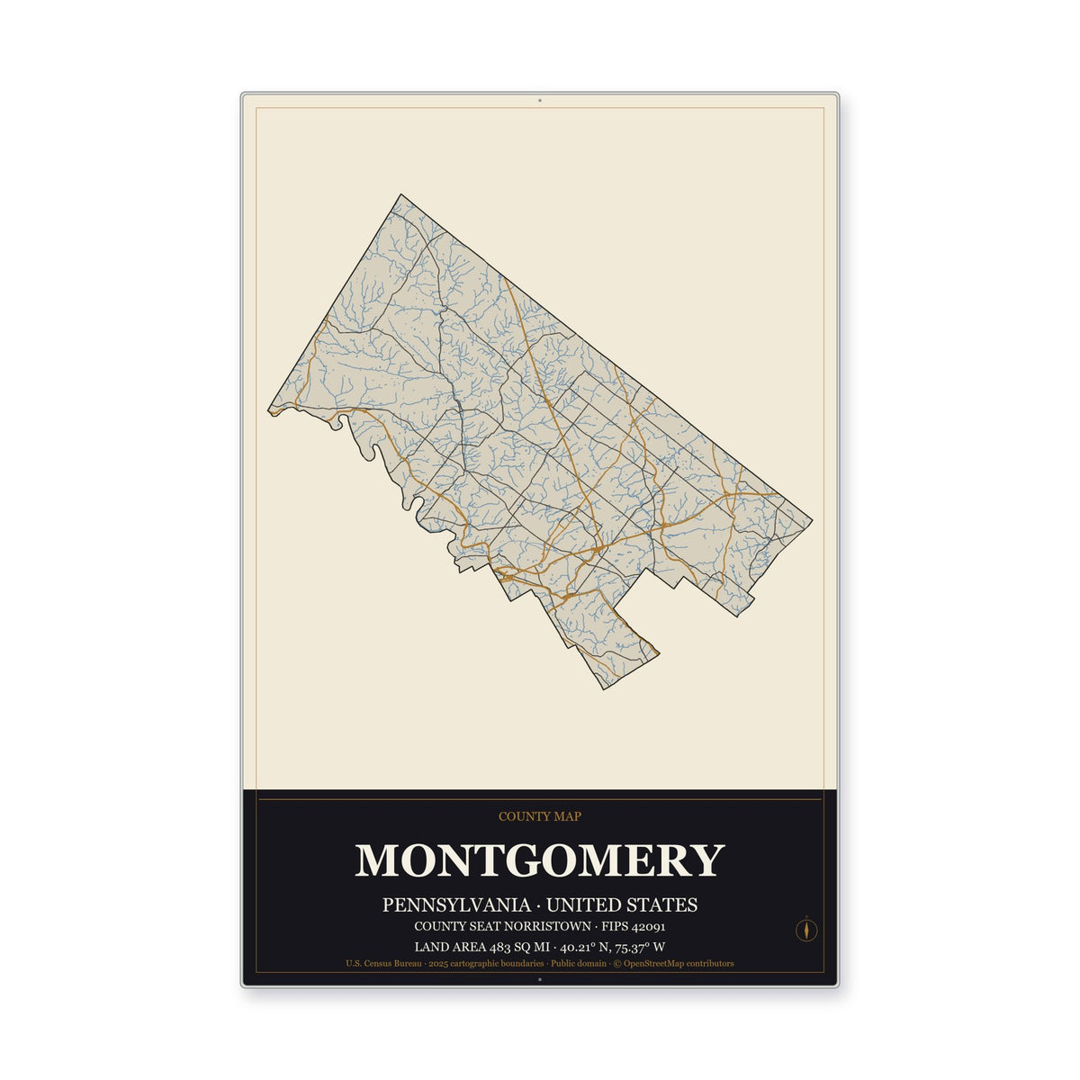 Montgomery County, Pennsylvania Map Aluminum Sign in Museum Plaque style