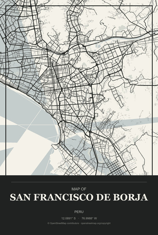 San Francisco De Borja, Peru City Map Aluminum Sign in Museum Plaque style