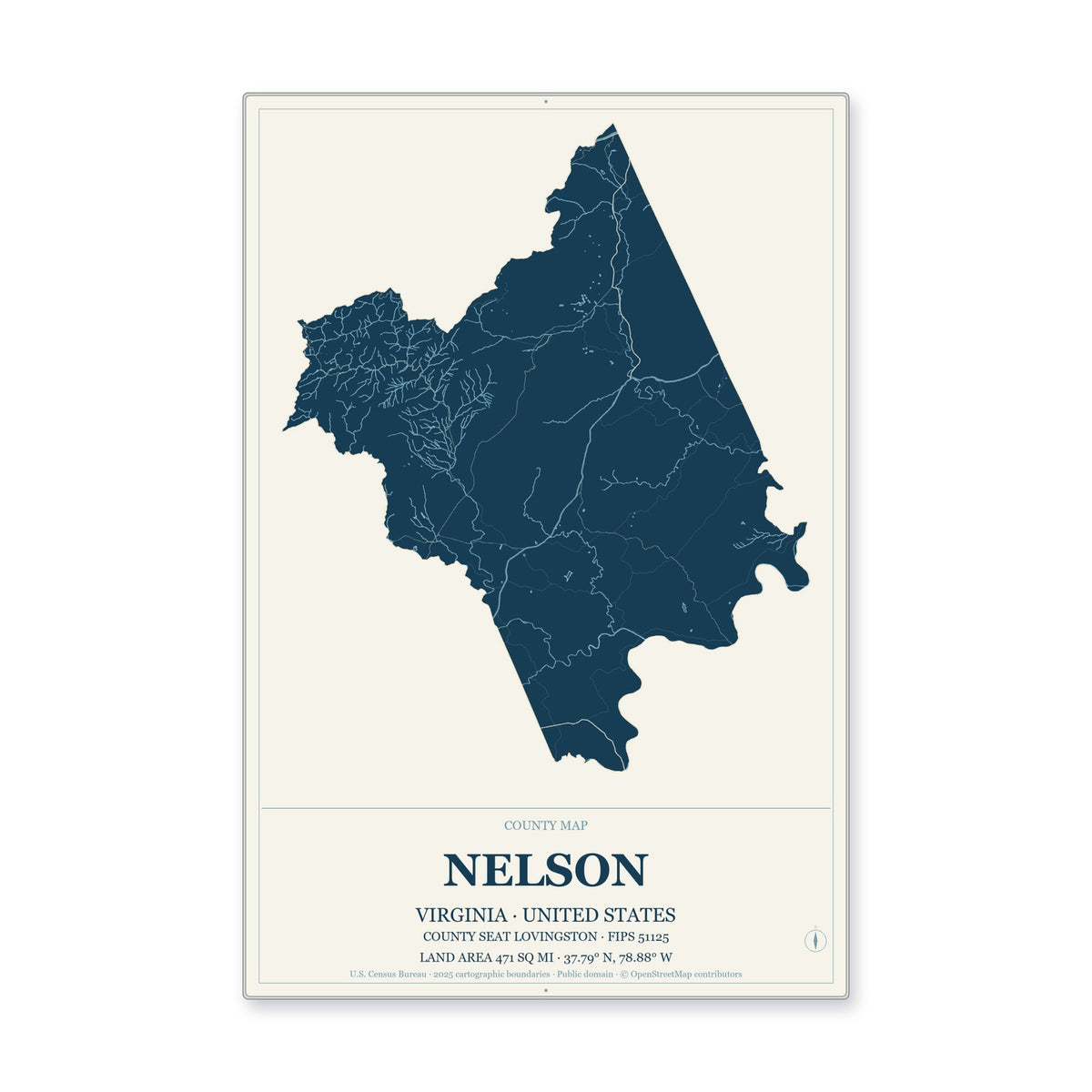 Nelson County, Virginia Map Aluminum Sign in Coastal Cutout style
