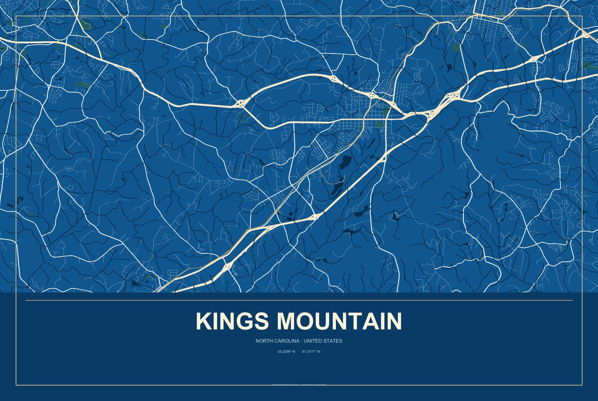 Kings Mountain, North Carolina City Map Aluminum Sign in Harbor Cobalt style