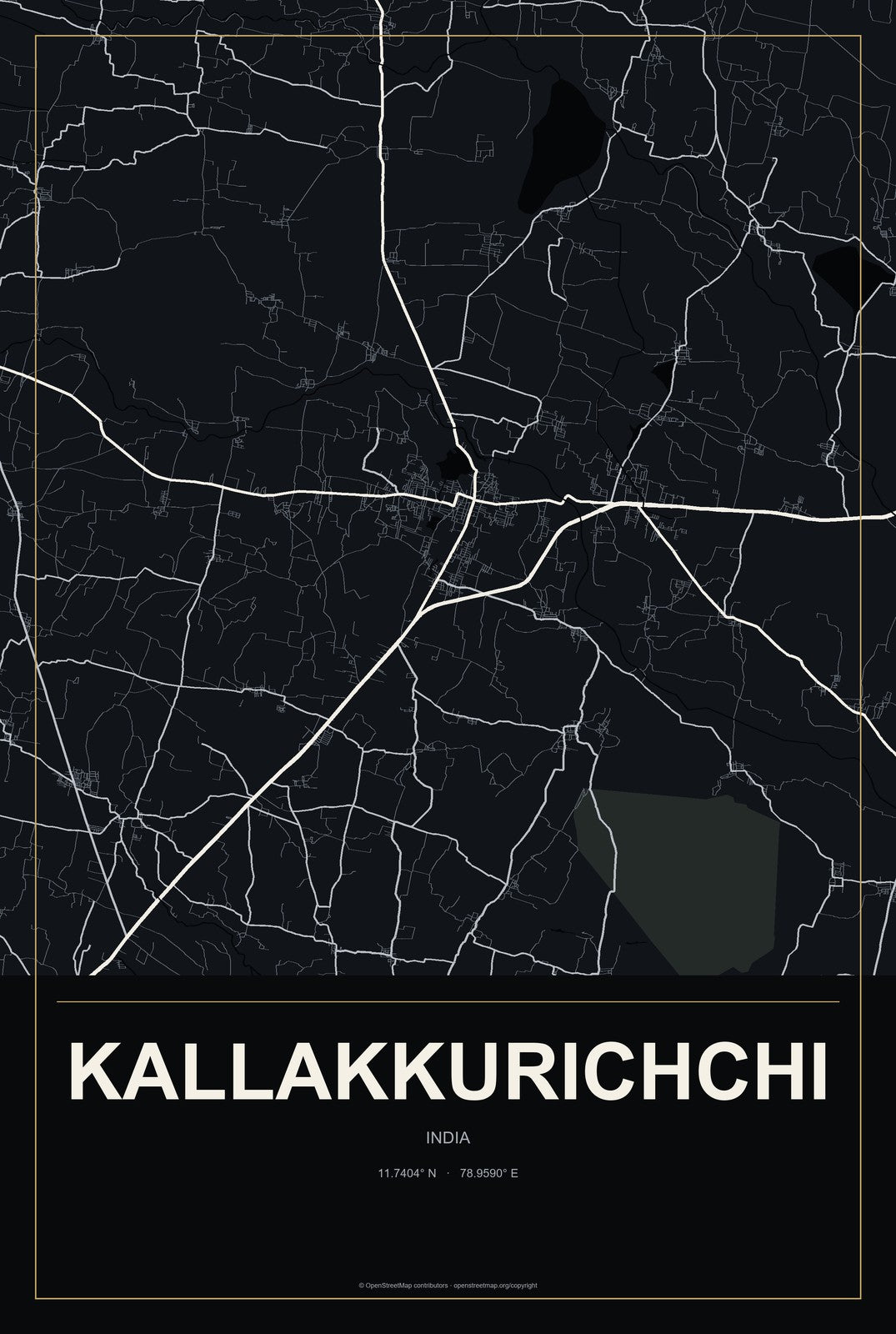 Kallakkurichchi, India City Map Aluminum Sign in Metropolitan Noir style