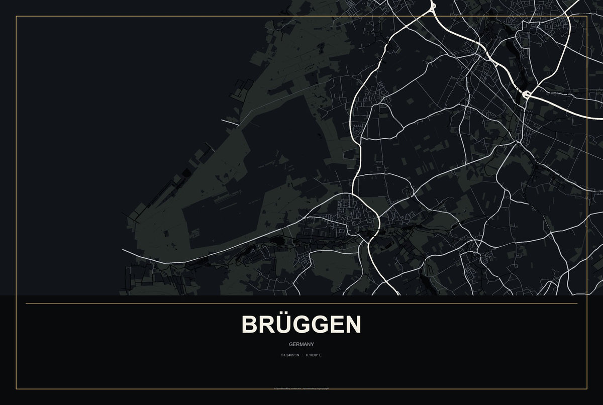 Brüggen, Germany City Map Aluminum Sign in Metropolitan Noir style