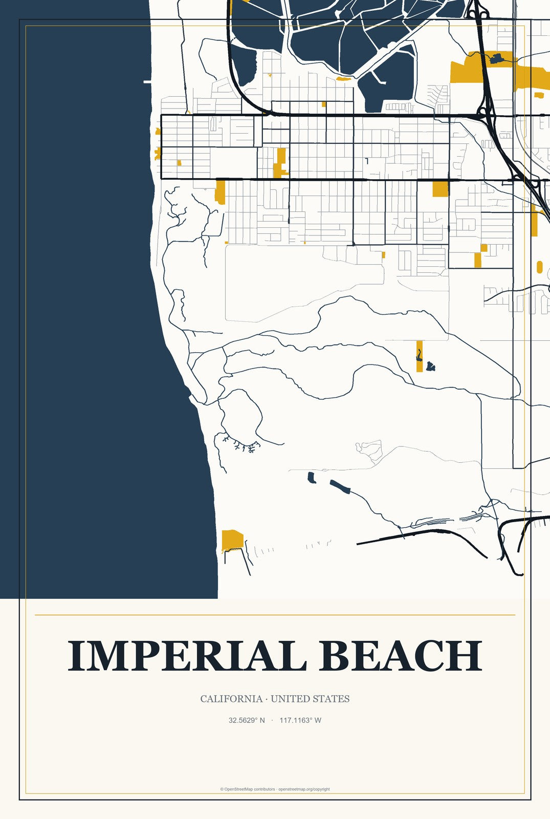 Imperial Beach, California City Map Aluminum Sign in Citrine Modern style