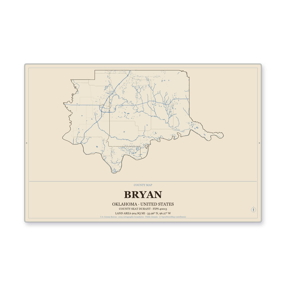 Bryan County, Oklahoma Map Aluminum Sign in Heritage Nautical style