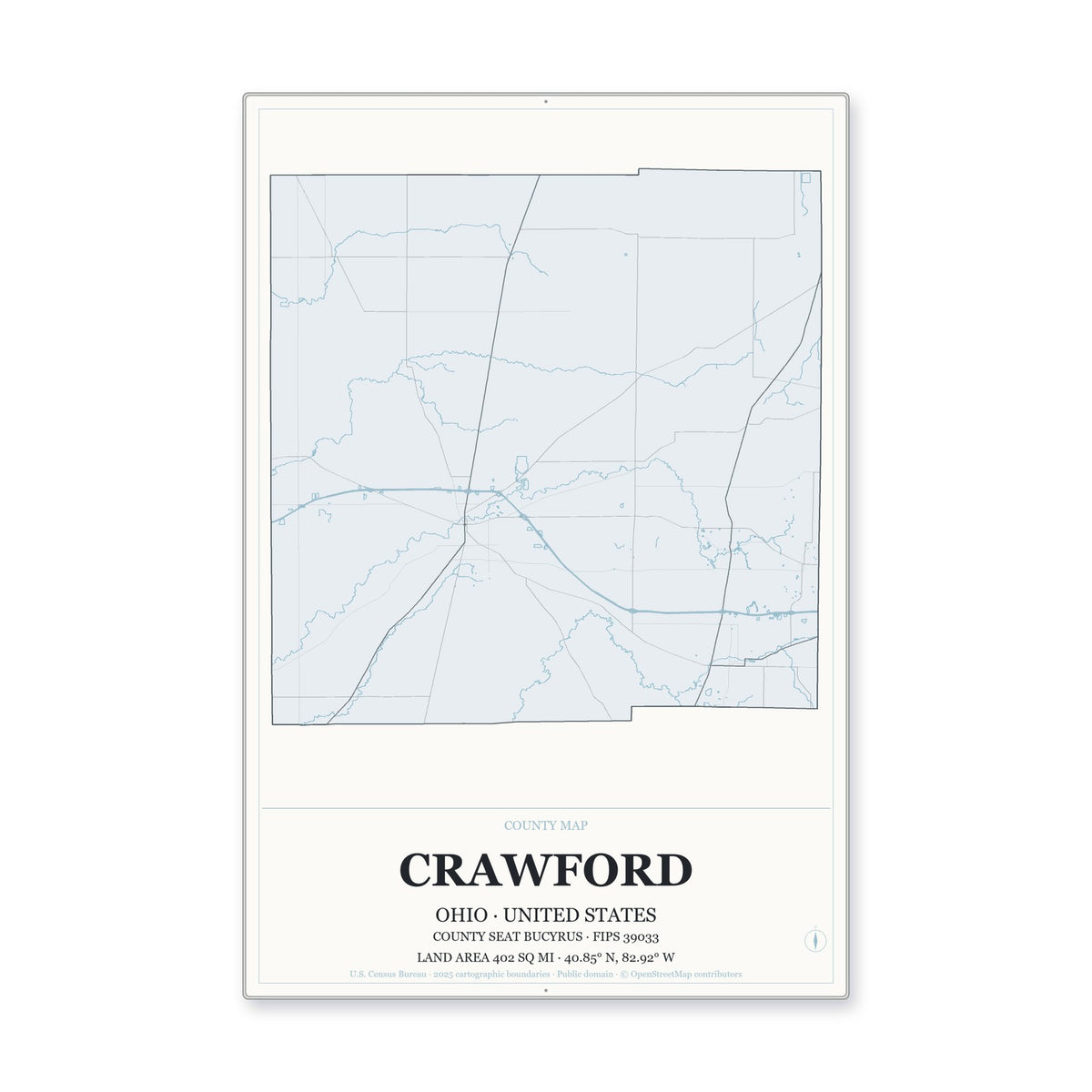 Crawford County, Ohio Map Aluminum Sign in Gallery Air style