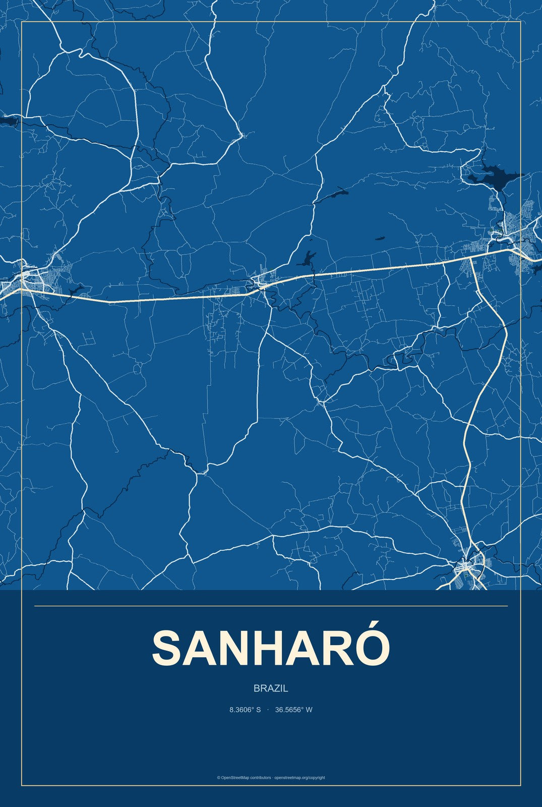 Sanharó, Brazil City Map Aluminum Sign in Harbor Cobalt style