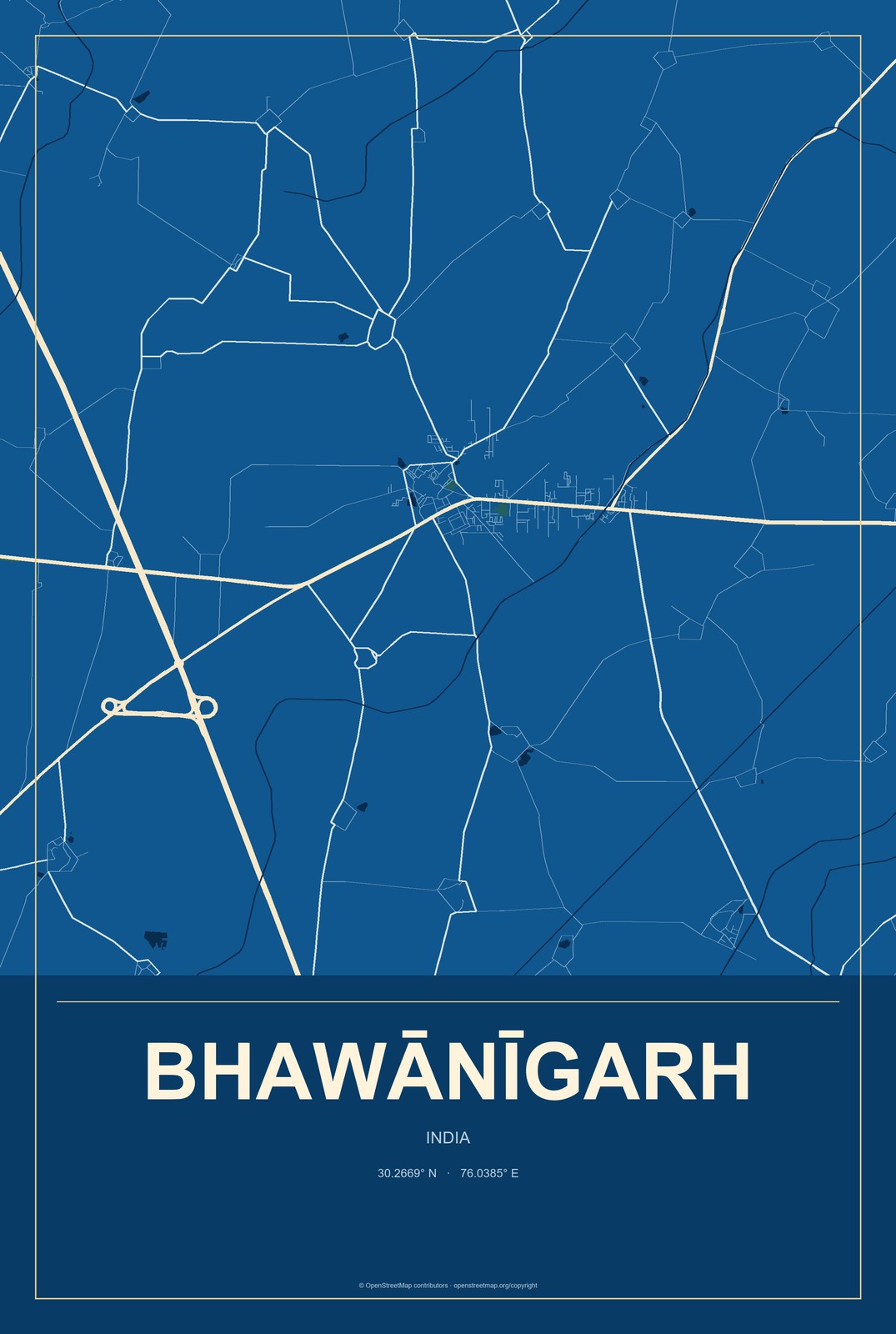Bhawānīgarh, India City Map Aluminum Sign in Harbor Cobalt style