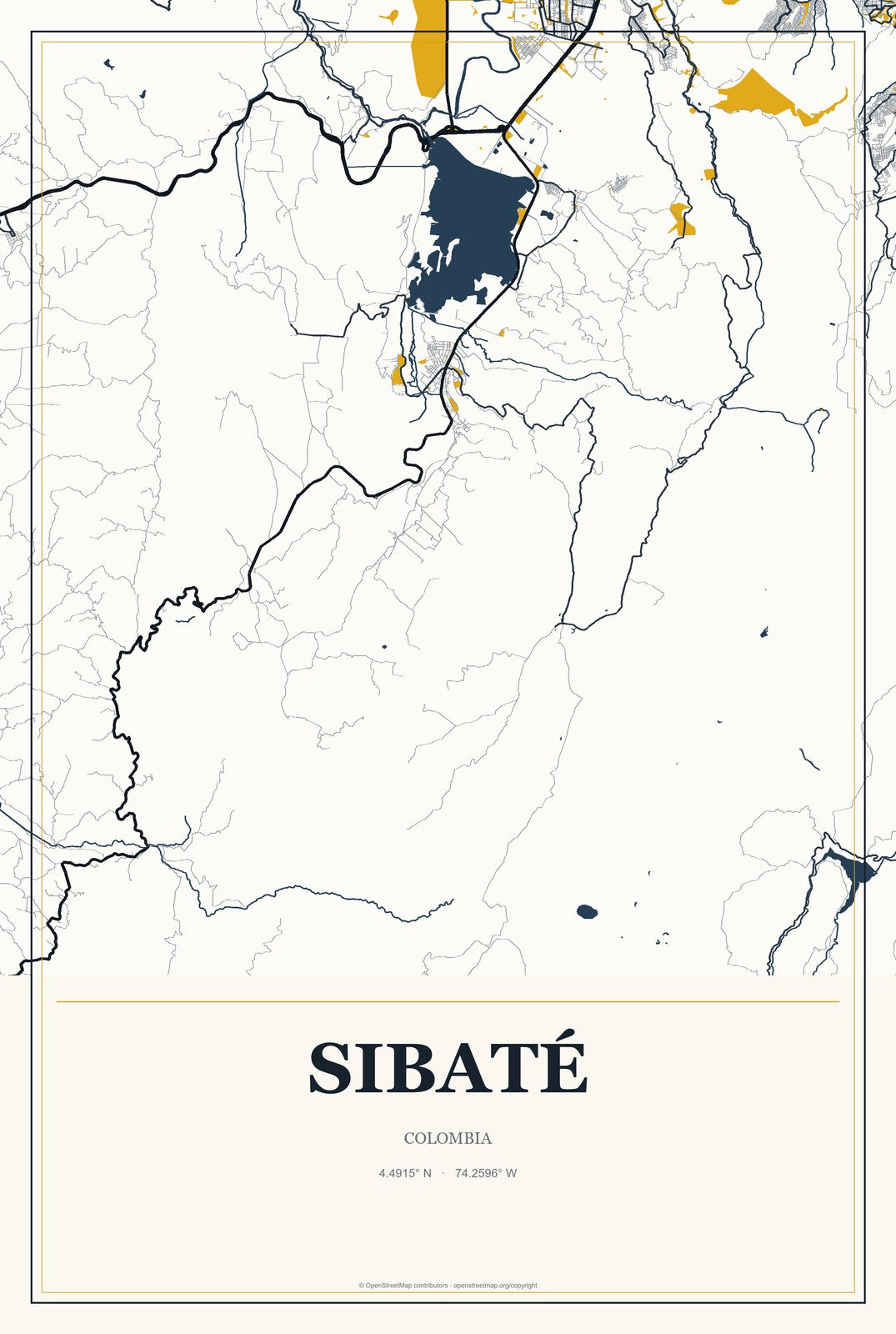 Sibaté, Colombia City Map Aluminum Sign in Citrine Modern style