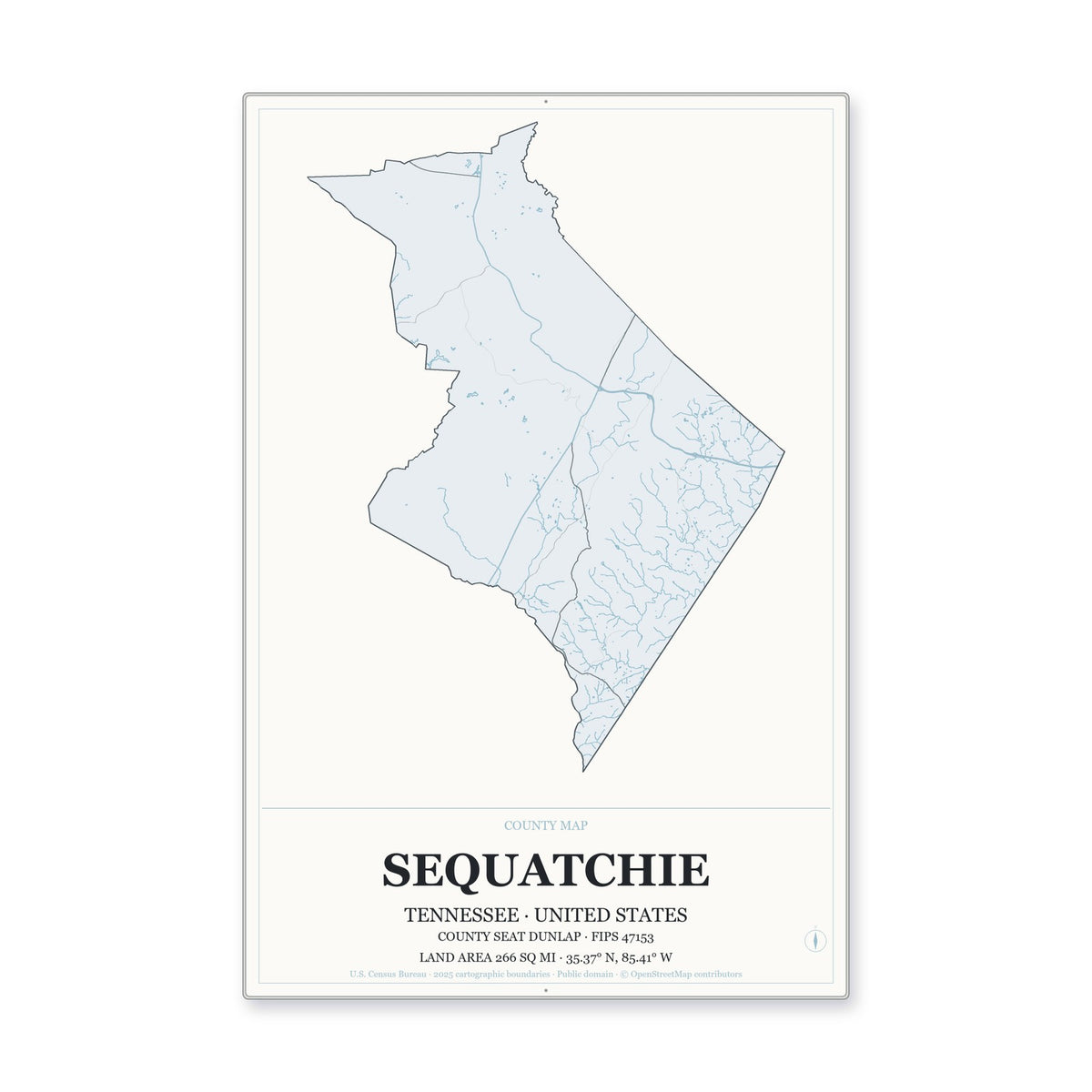 Sequatchie County, Tennessee Map Aluminum Sign in Gallery Air style