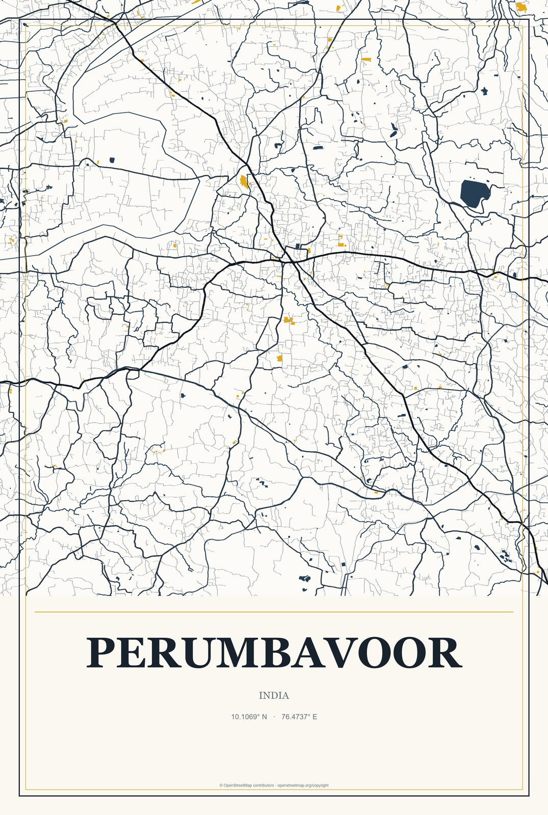 Perumbavoor, India City Map Aluminum Sign in Citrine Modern style