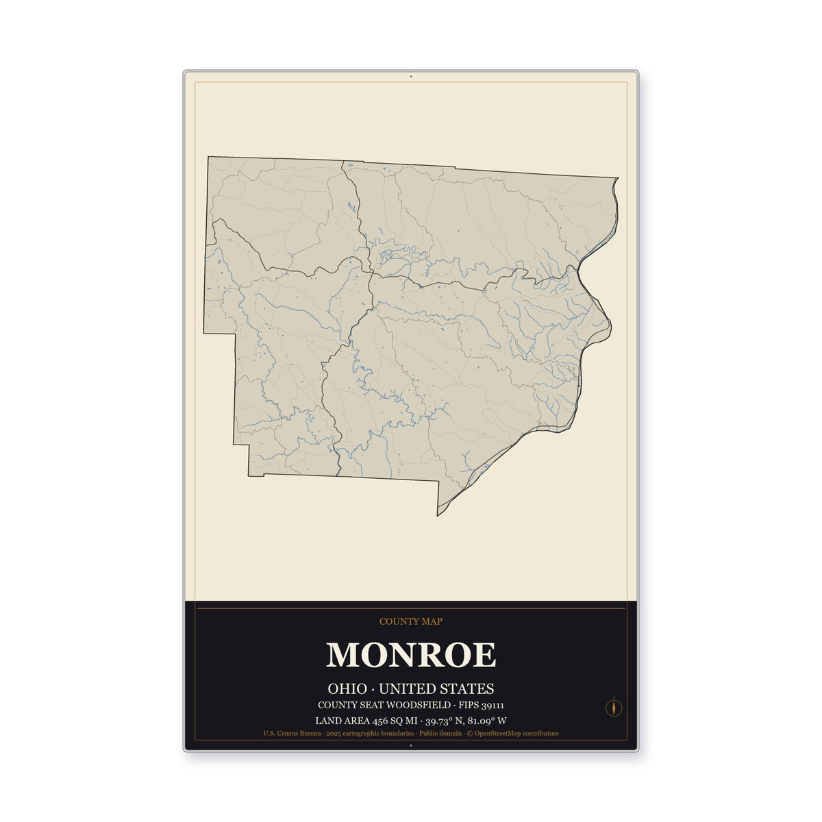 Monroe County, Ohio Map Aluminum Sign in Museum Plaque style