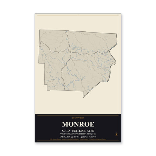 Monroe County, Ohio Map Aluminum Sign in Museum Plaque style