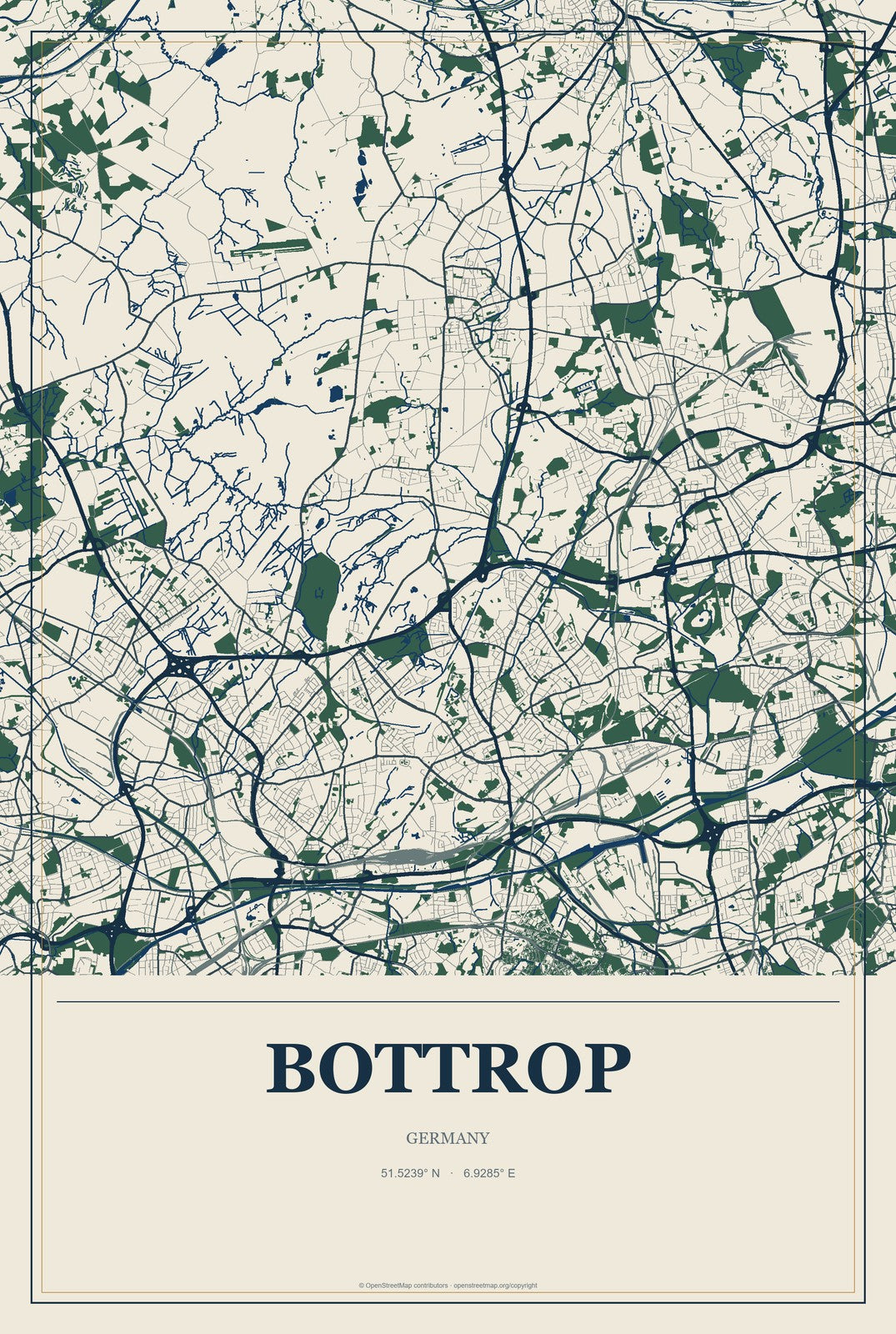 Bottrop, Germany City Map Aluminum Sign in Coastal Cutout style