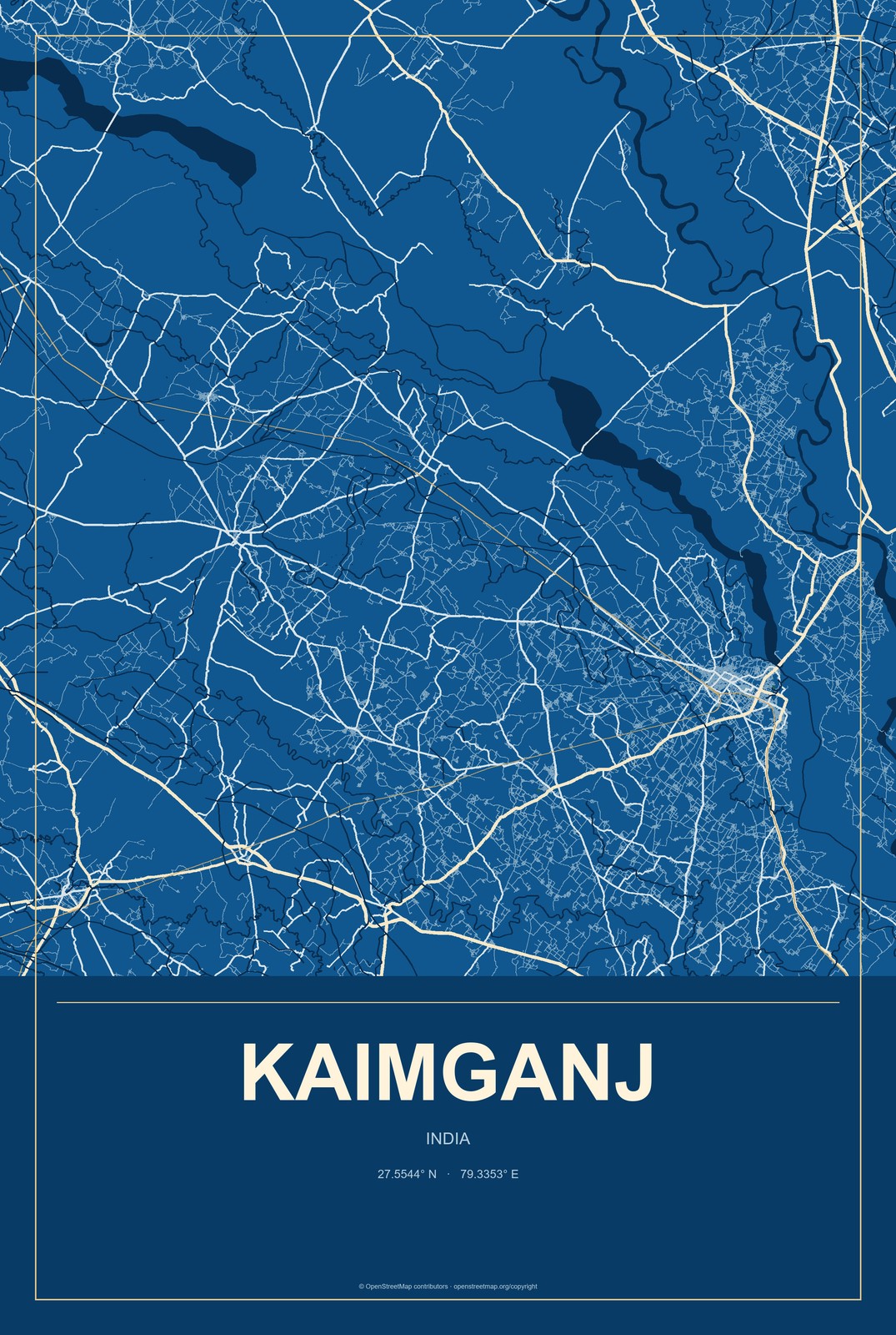 Kaimganj, India City Map Aluminum Sign in Harbor Cobalt style