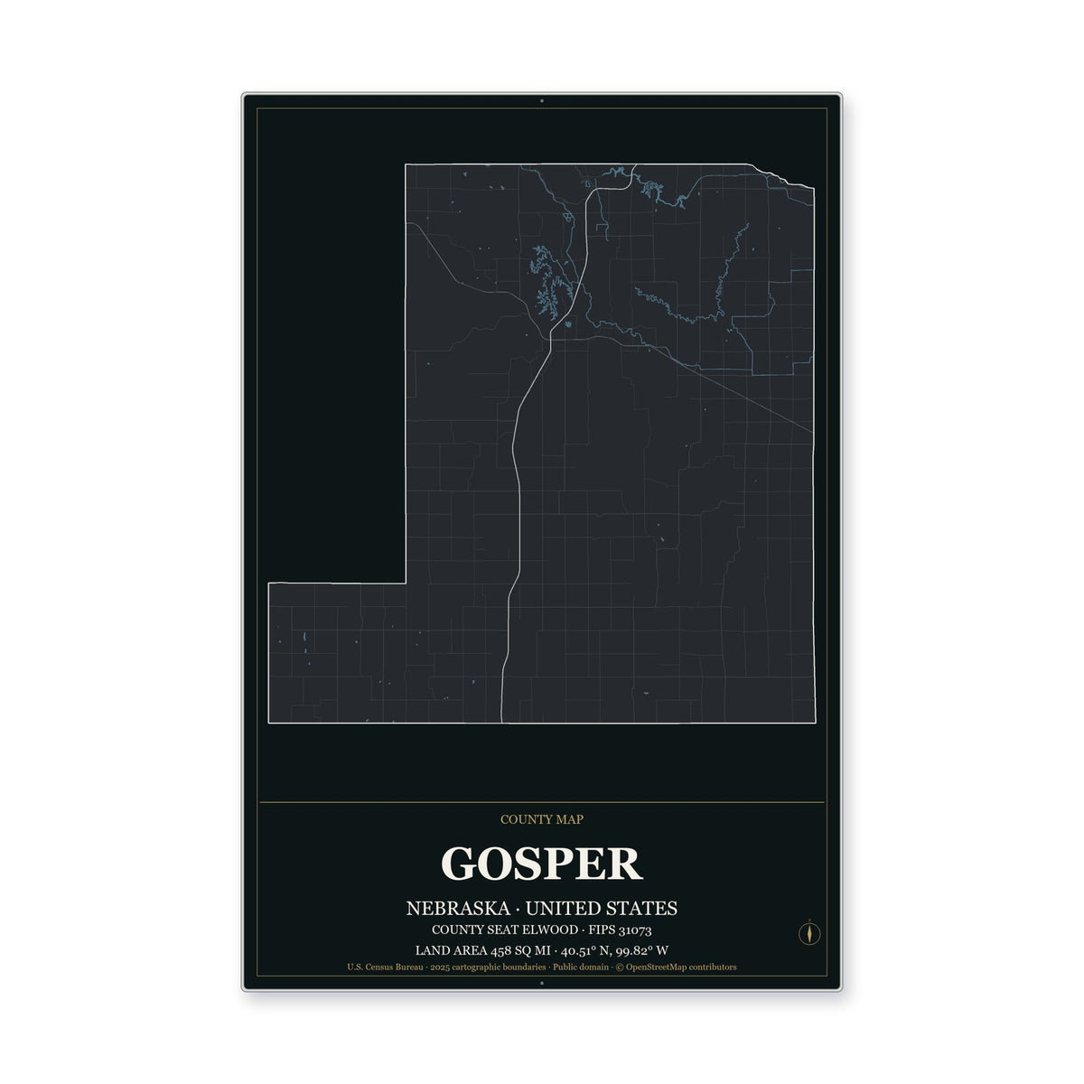 Gosper County, Nebraska Map Aluminum Sign in Metropolitan Noir style