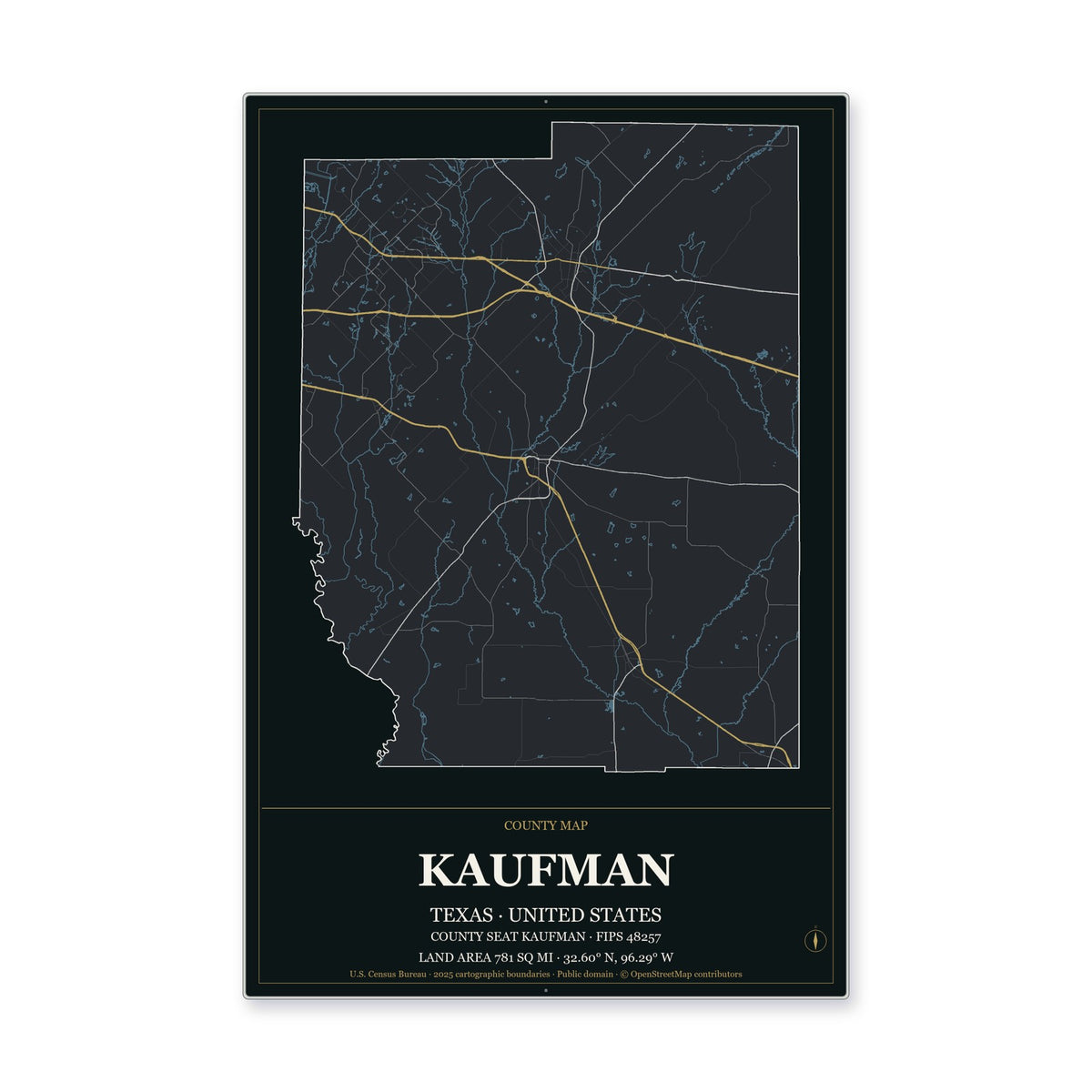 Kaufman County, Texas Map Aluminum Sign in Metropolitan Noir style