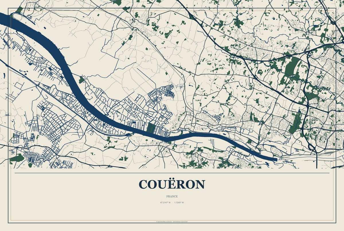 Couëron, France City Map Aluminum Sign in Coastal Cutout style