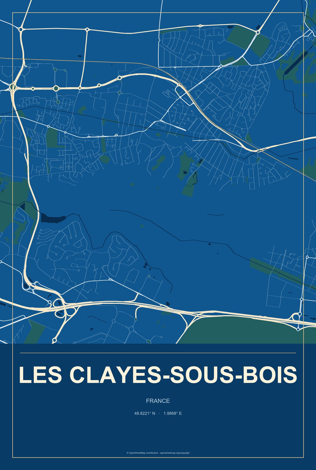 Les Clayes-sous-Bois, France City Map Aluminum Sign in Harbor Cobalt style