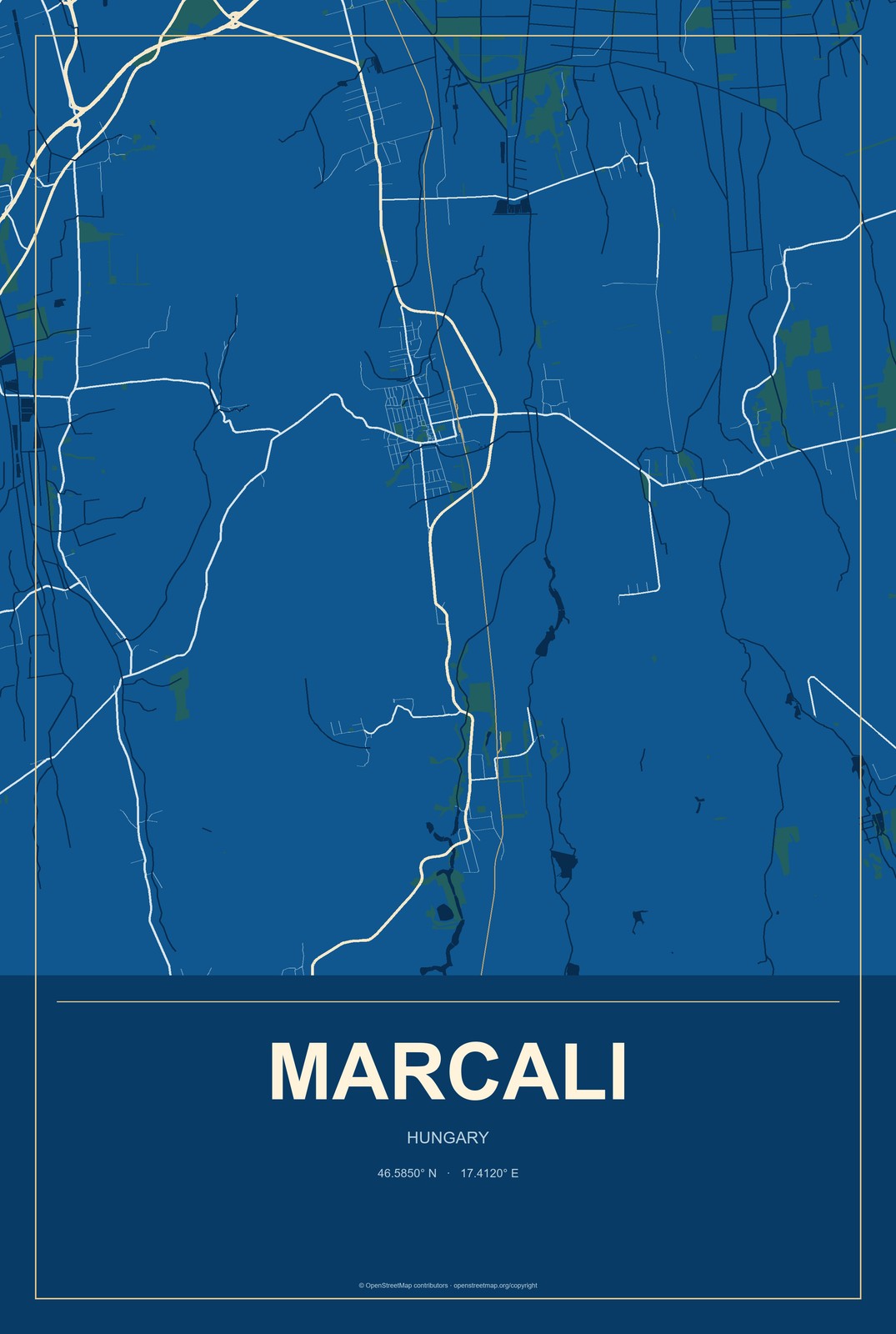 Marcali, Hungary City Map Aluminum Sign in Harbor Cobalt style