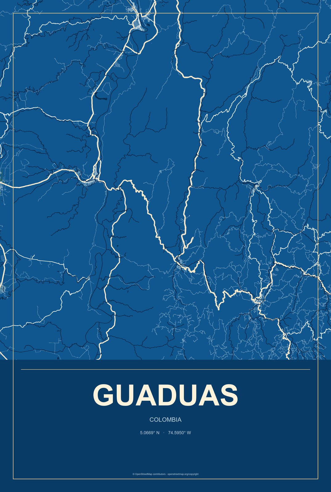 Guaduas, Colombia City Map Aluminum Sign in Harbor Cobalt style