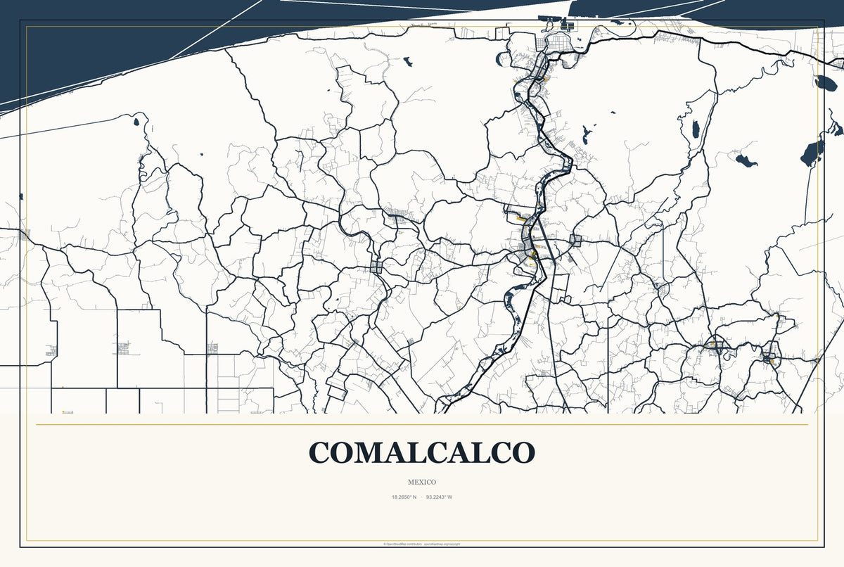Comalcalco, Mexico City Map Aluminum Sign in Citrine Modern style