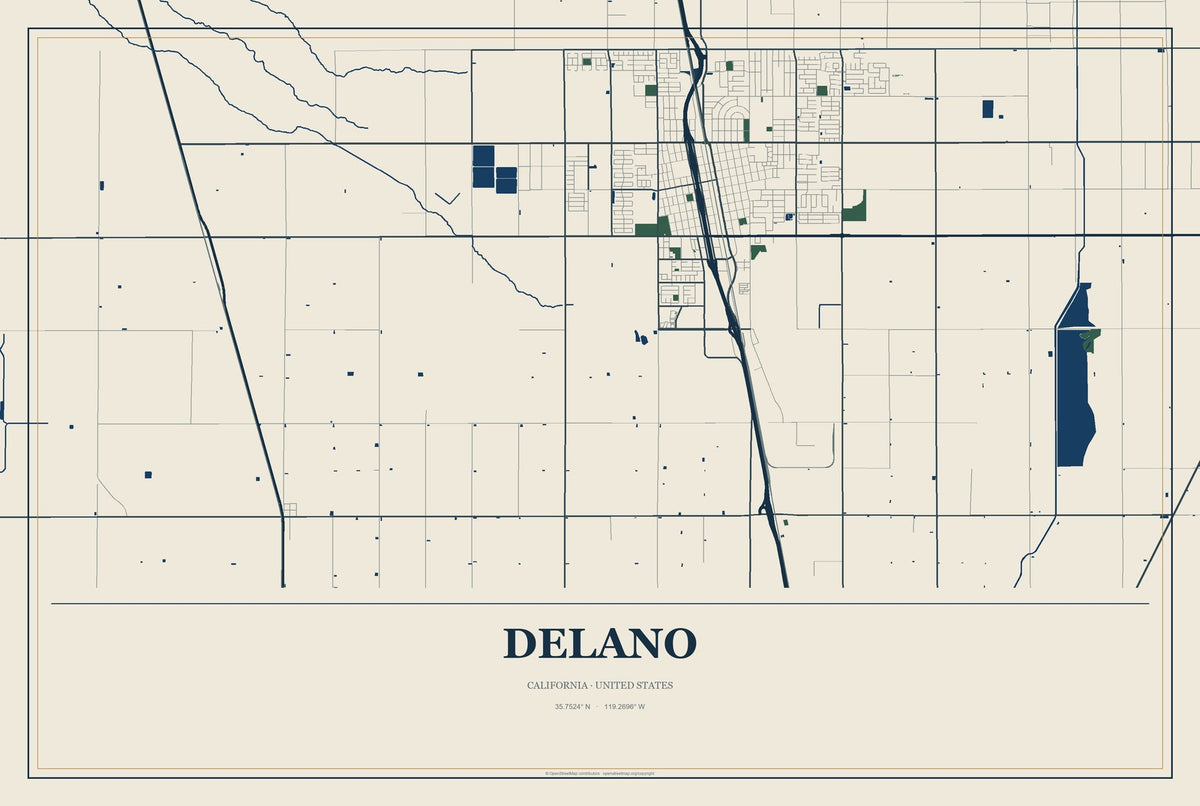 Delano, California City Map Aluminum Sign in Coastal Cutout style