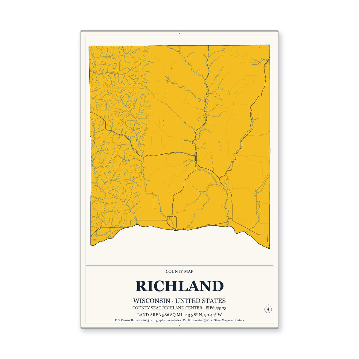 Richland County, Wisconsin Map Aluminum Sign in Citrine Modern style