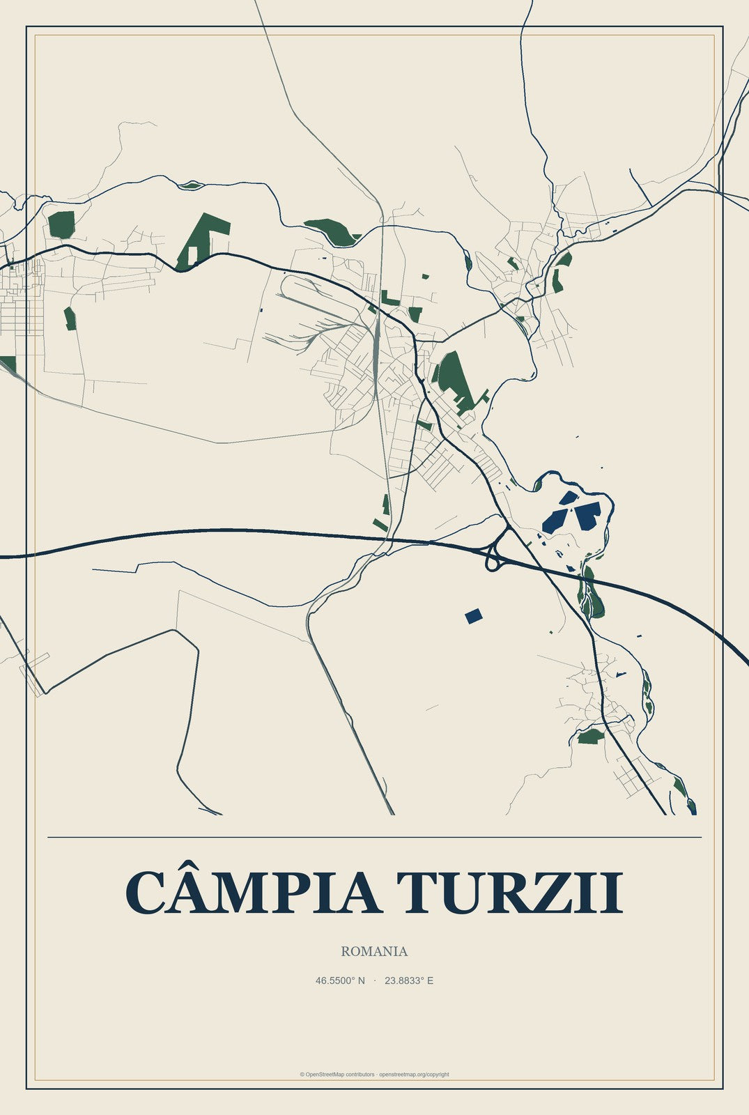 Câmpia Turzii, Romania City Map Aluminum Sign in Coastal Cutout style