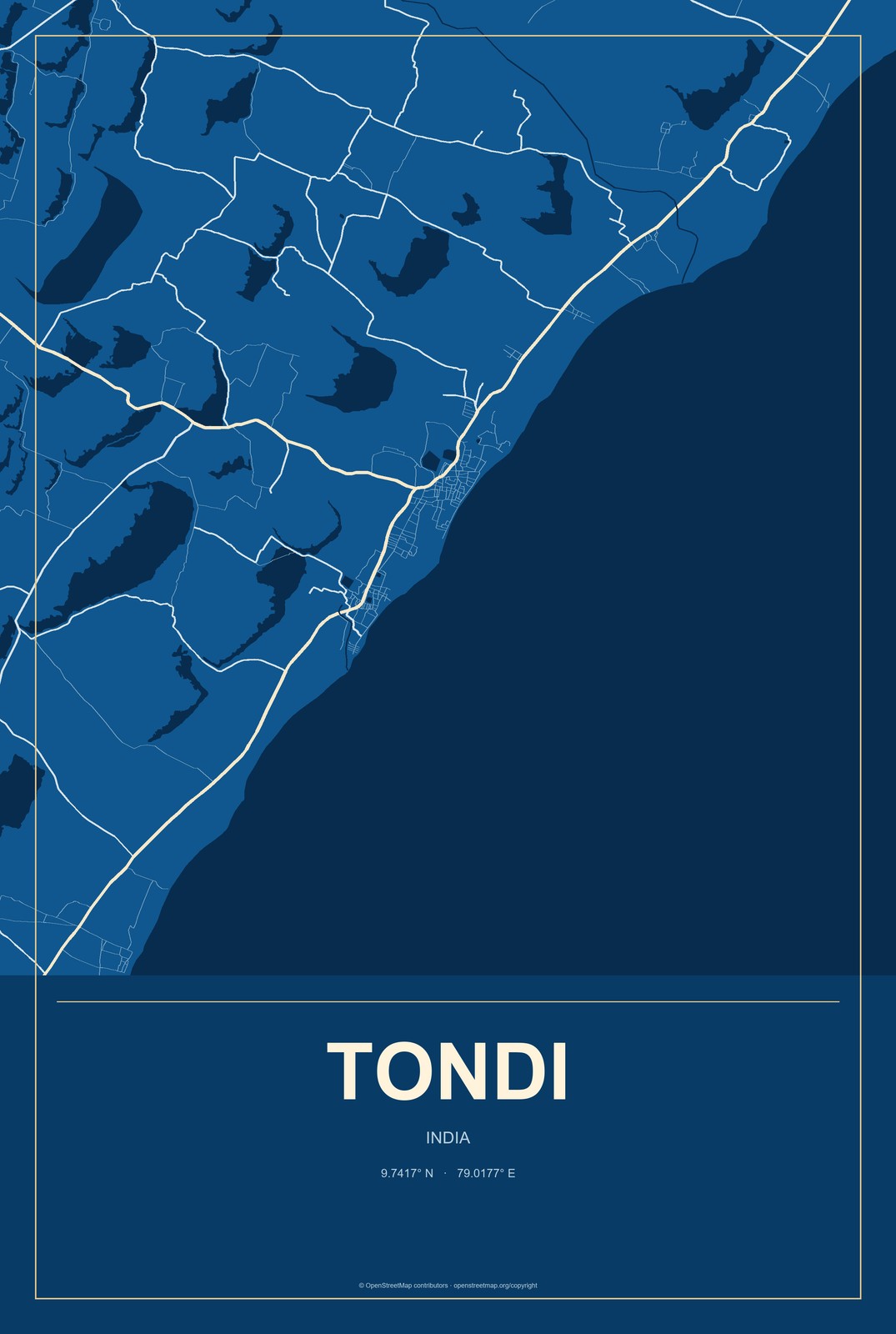 Tondi, India City Map Aluminum Sign in Harbor Cobalt style