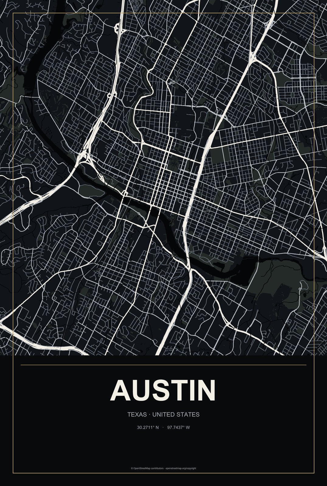 Austin, Texas City Map Aluminum Sign in Metropolitan Noir style