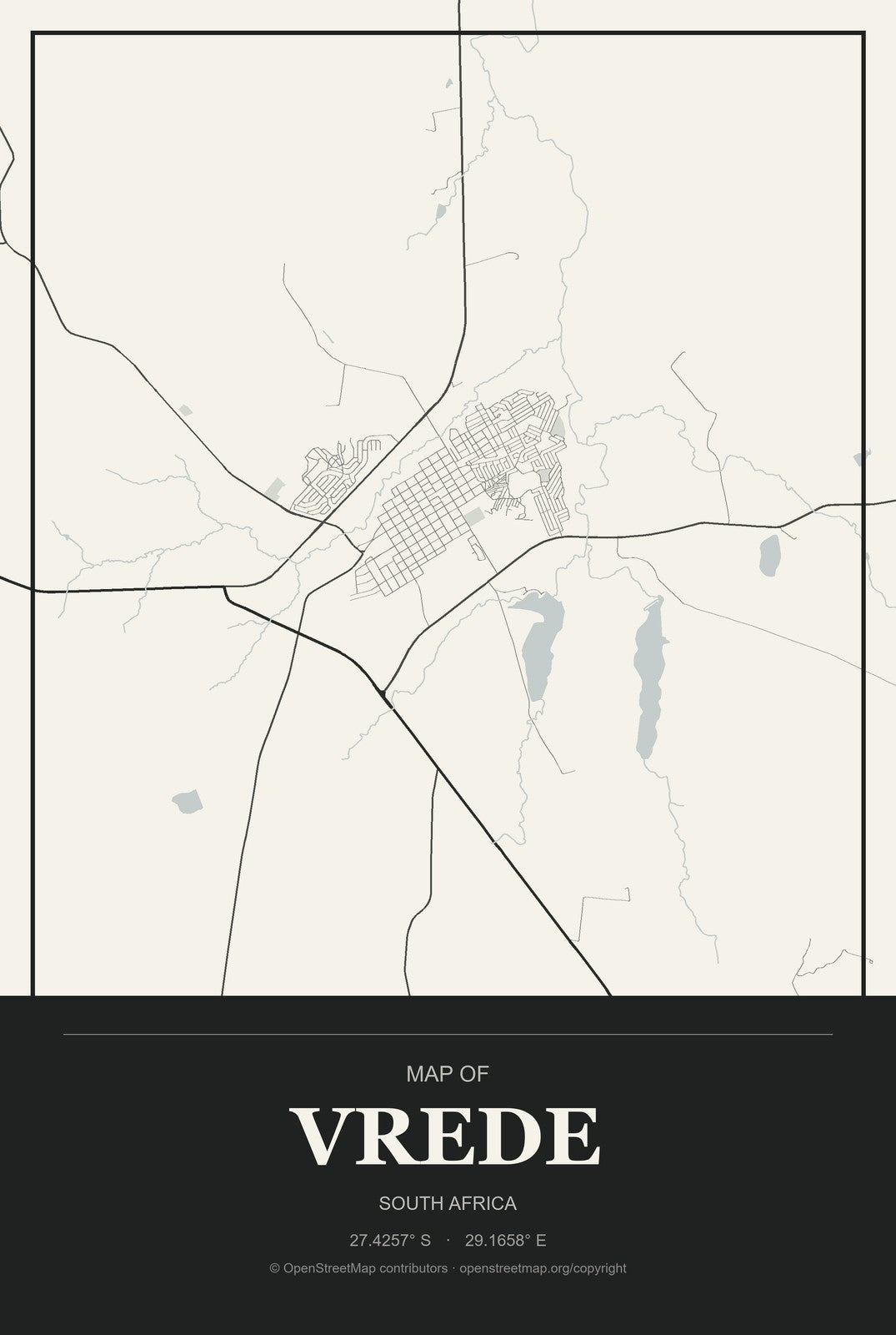 Vrede, South Africa City Map Aluminum Sign in Museum Plaque style