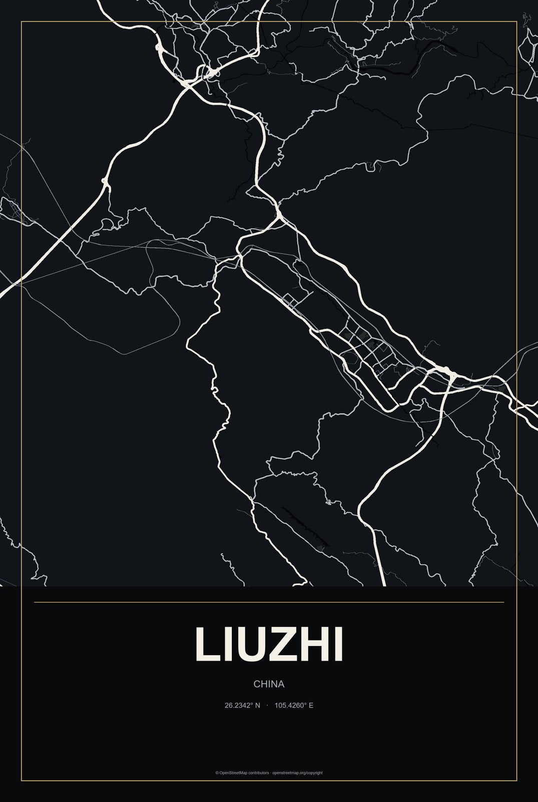 Liuzhi, China City Map Aluminum Sign in Metropolitan Noir style